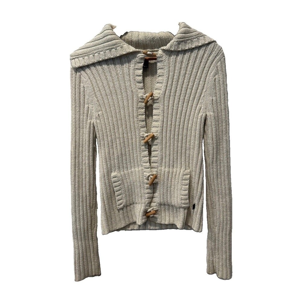 Abercrombie & Fitch Cardigan L Chunky Knit Toggle Shawl Collar Y2K Beige - Picture 3 of 8